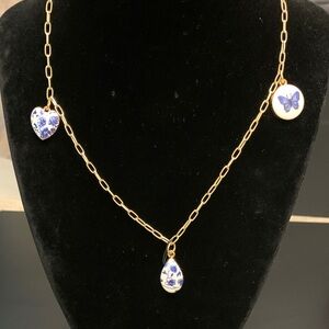 Gold tone links Chain Necklace with Blue and White ceramic Charms NWOT